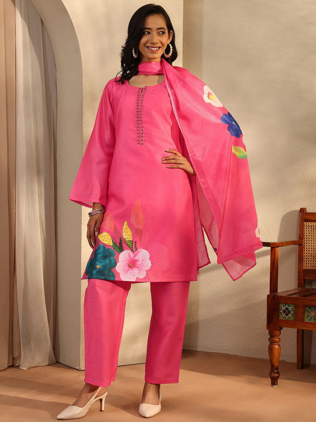  Pink Printed Silk Blend Straight Suit Set With Dupatta 