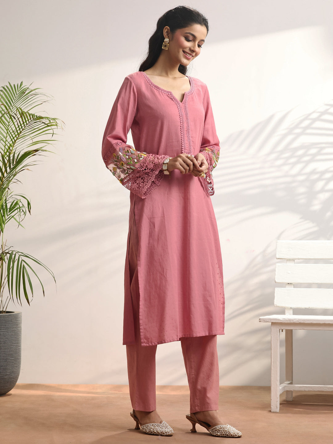  Pink Woven Design cotton blend Straight Suit Set With Dupatta 
