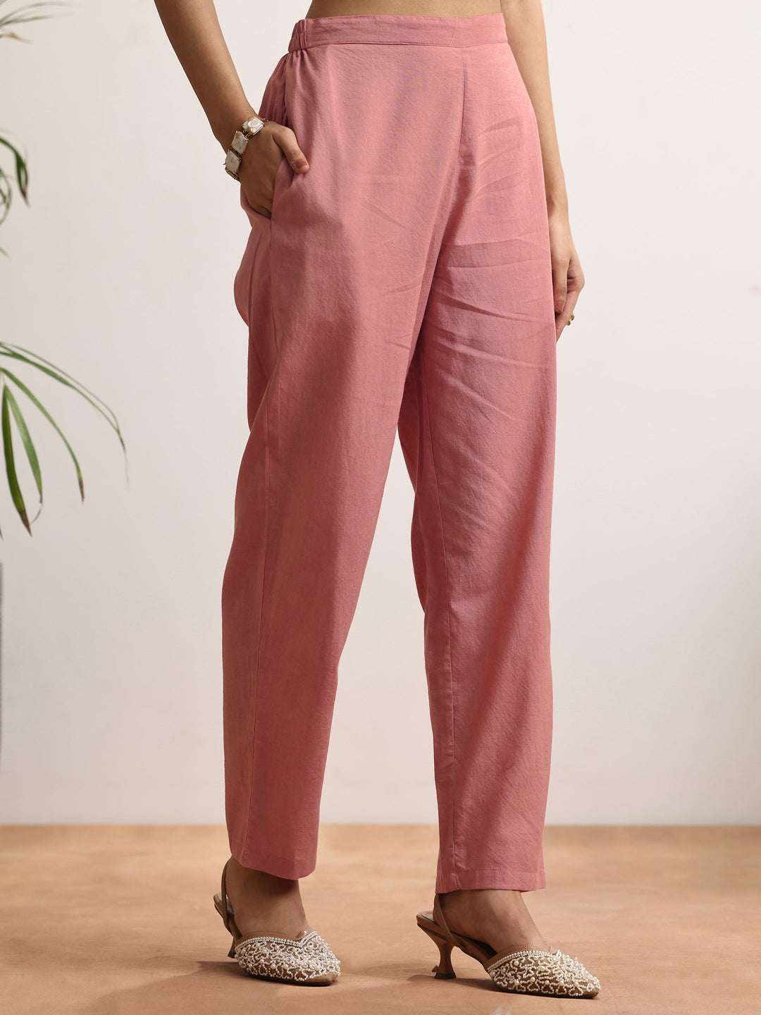  Pink Woven Design cotton blend Straight Suit Set With Dupatta 