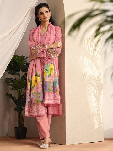 Pink Woven Design cotton blend Straight Suit Set With Dupatta