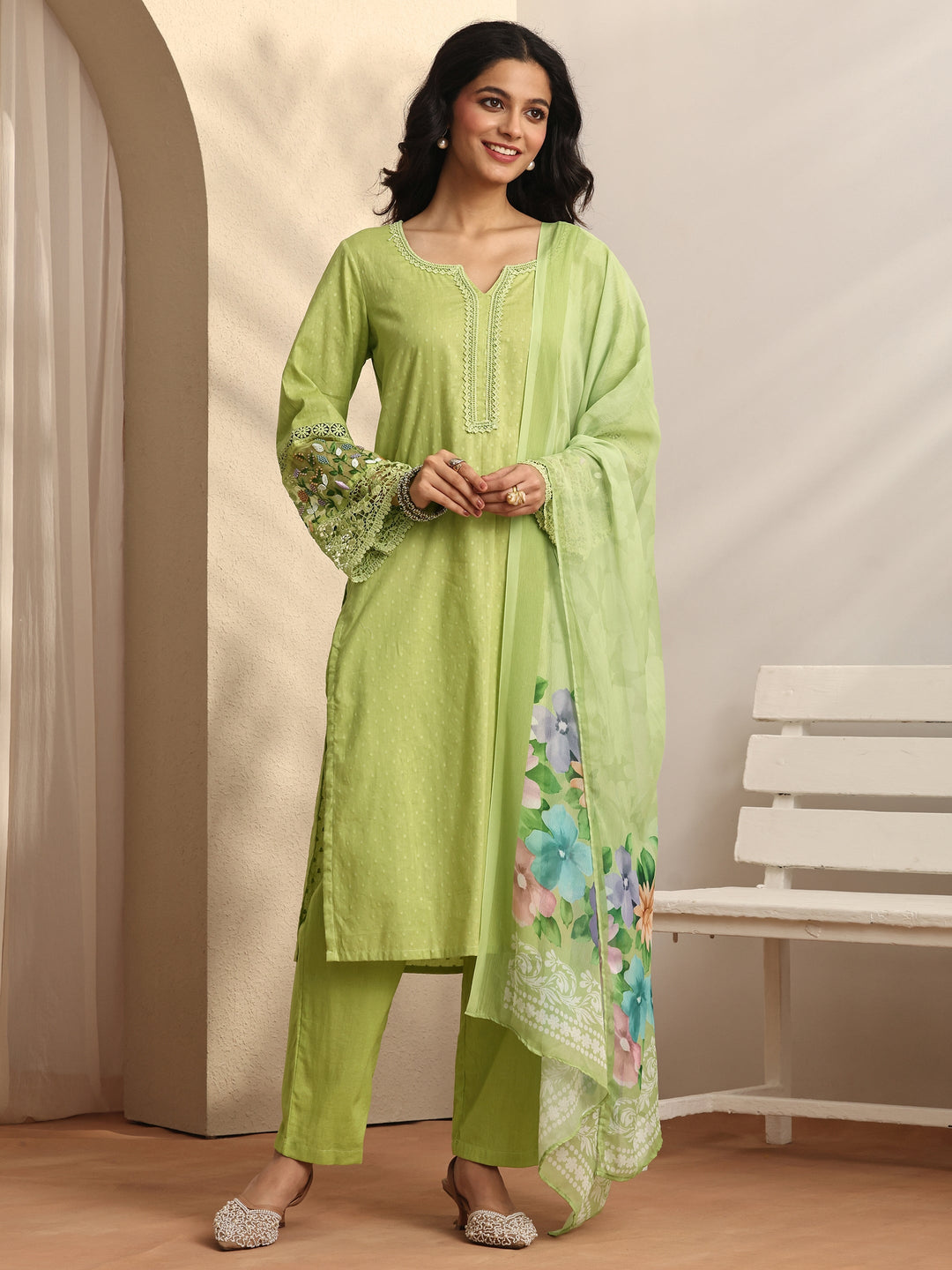  Green Woven Design cotton blend Straight Suit Set With Dupatta 