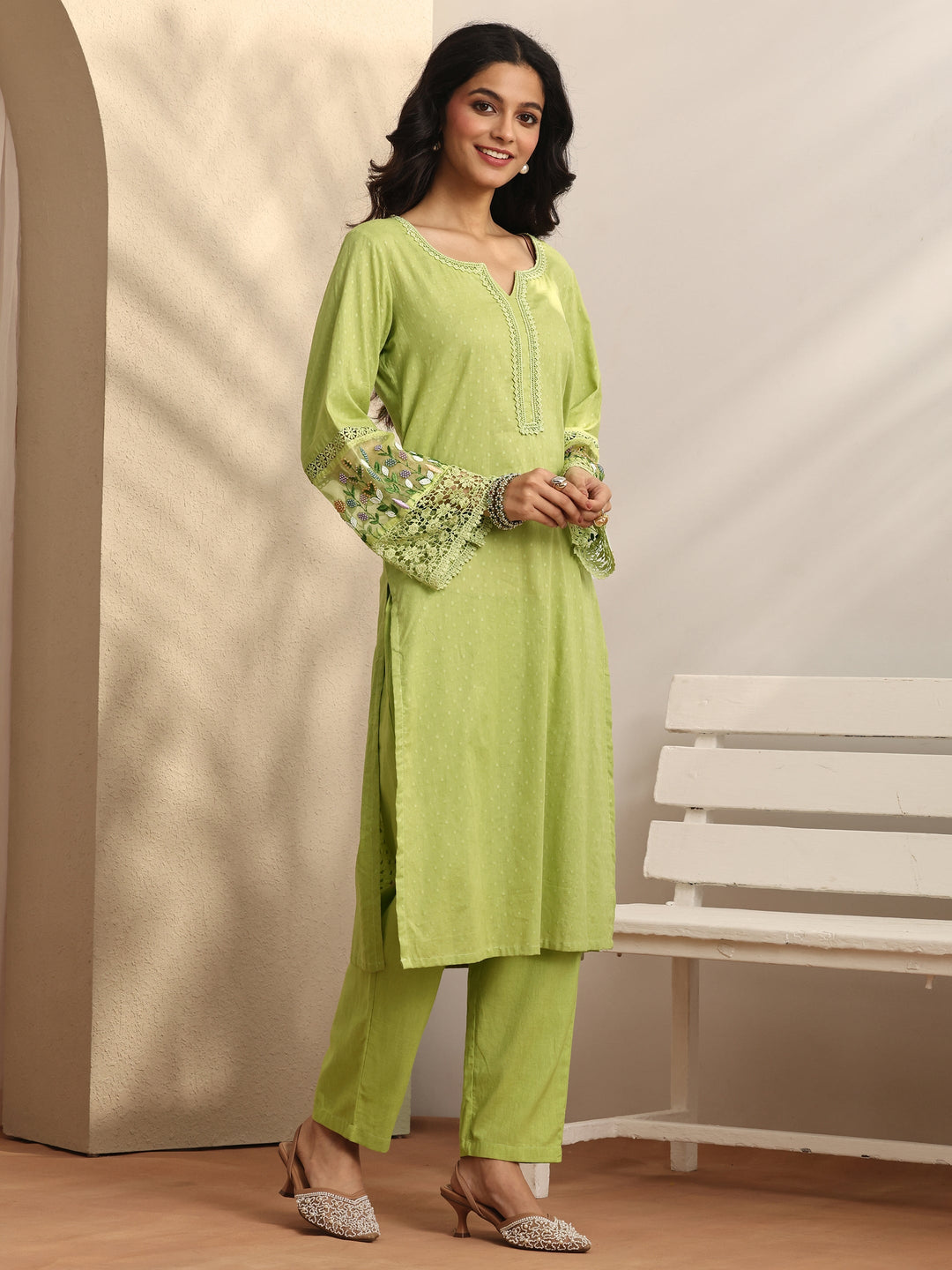  Green Woven Design cotton blend Straight Suit Set With Dupatta 