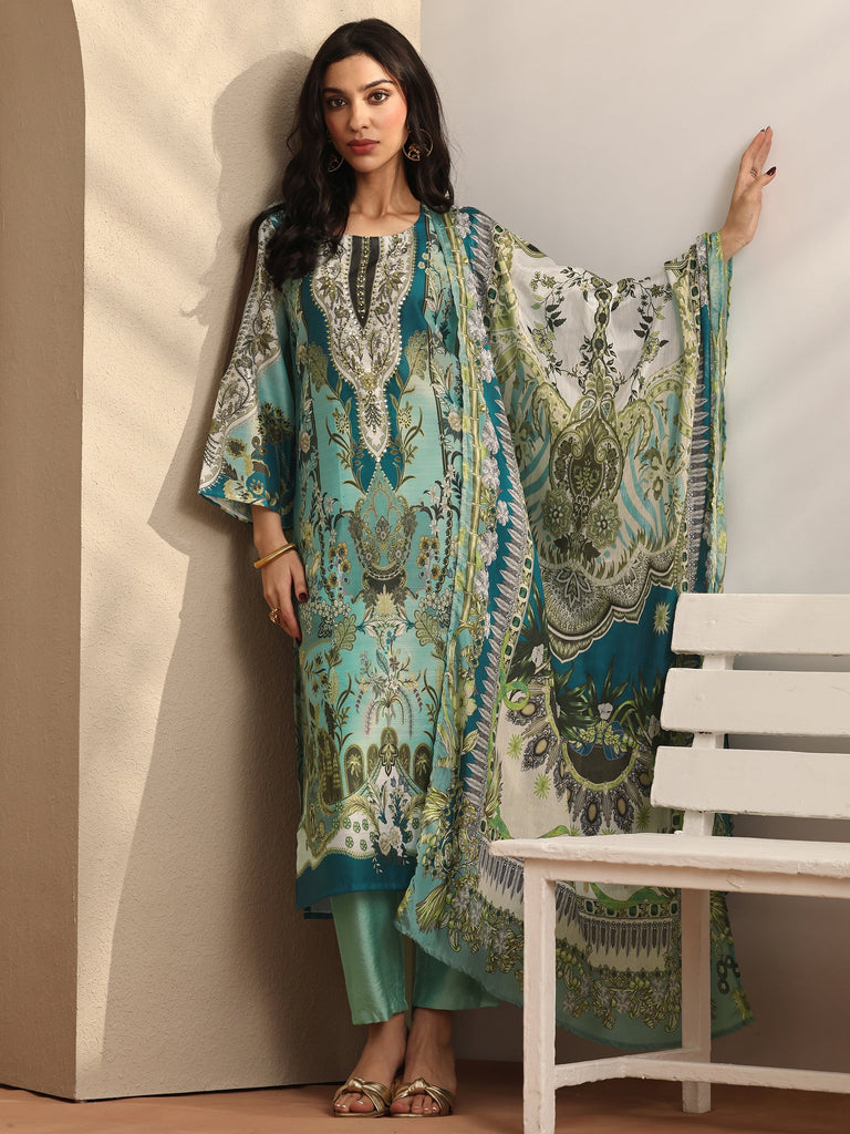 Libas Blue Printed Silk blend Straight Suit Set With Dupatta
