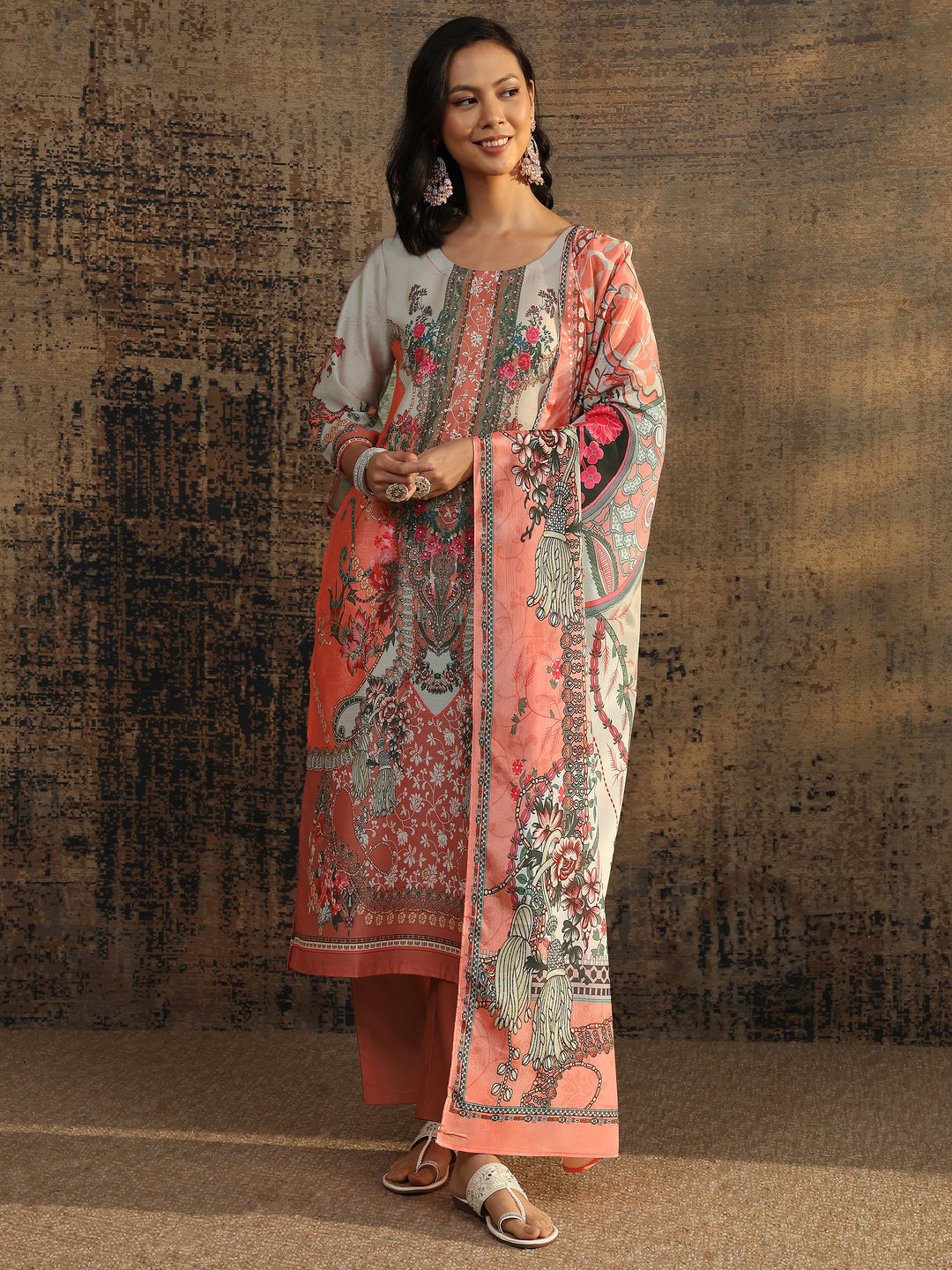 Beige Printed Silk Blend A-Line Kurti