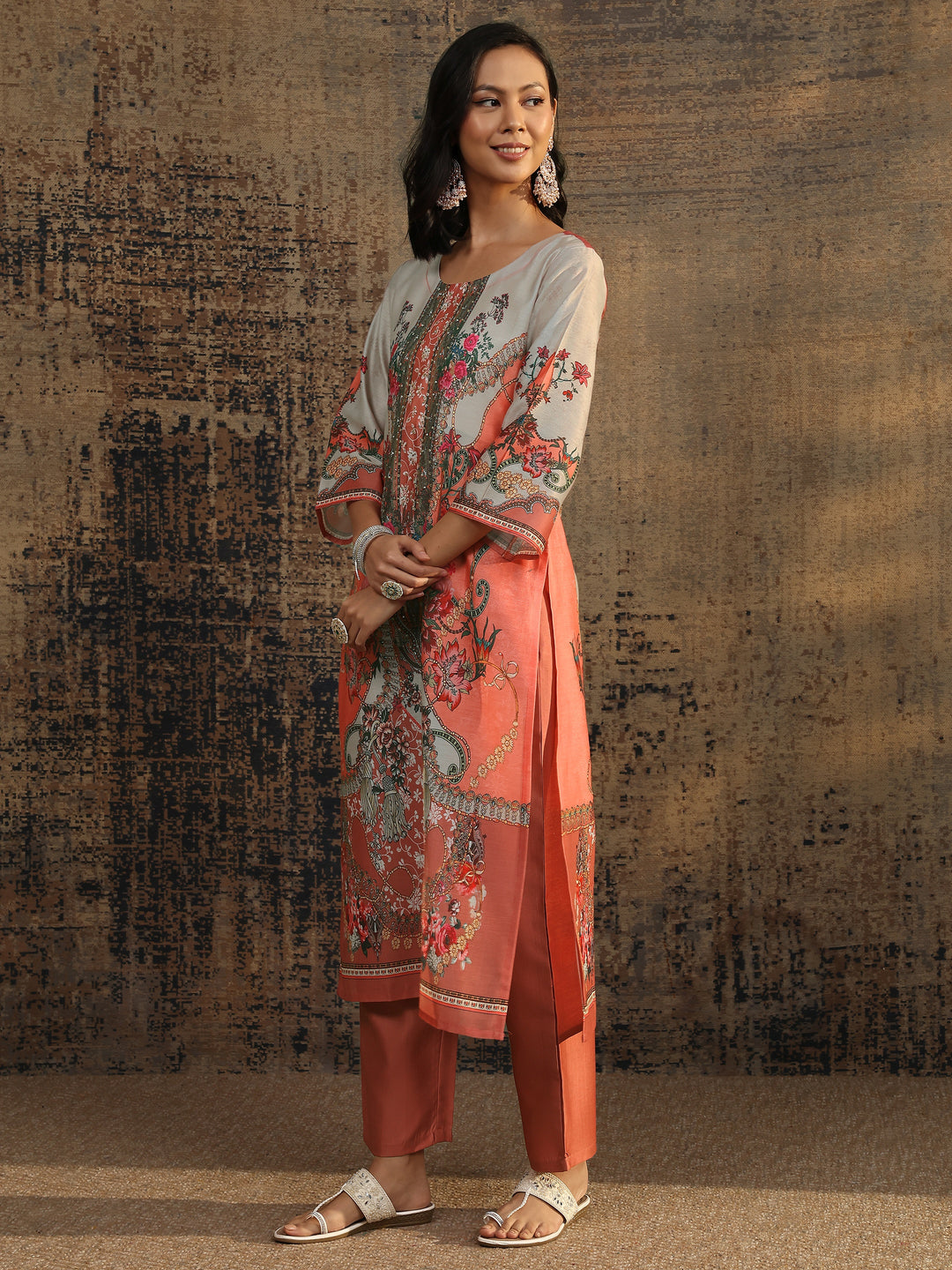  Peach Printed Silk Blend Straight Suit Set With Dupatta 