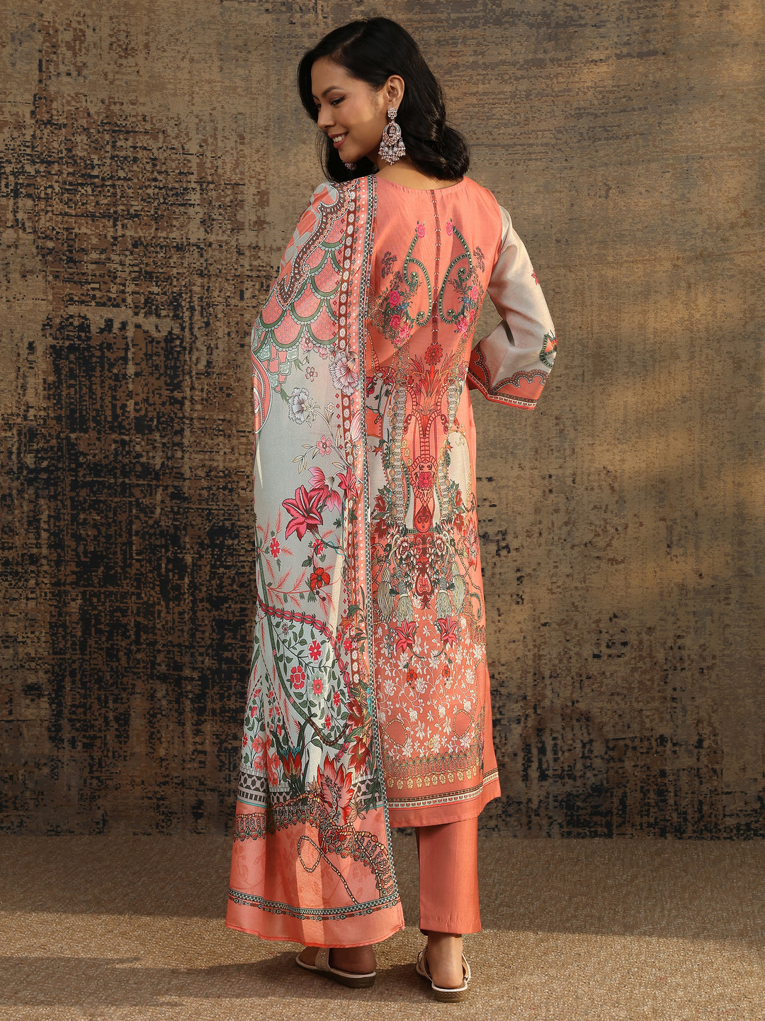  Peach Printed Silk Blend Straight Suit Set With Dupatta 