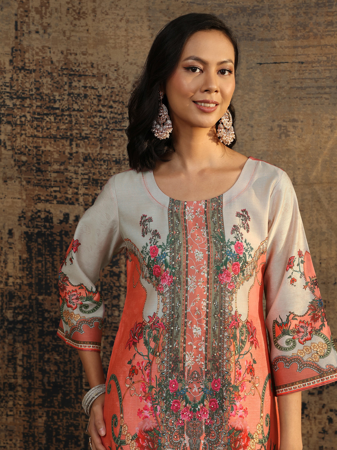  Peach Printed Silk Blend Straight Suit Set With Dupatta 