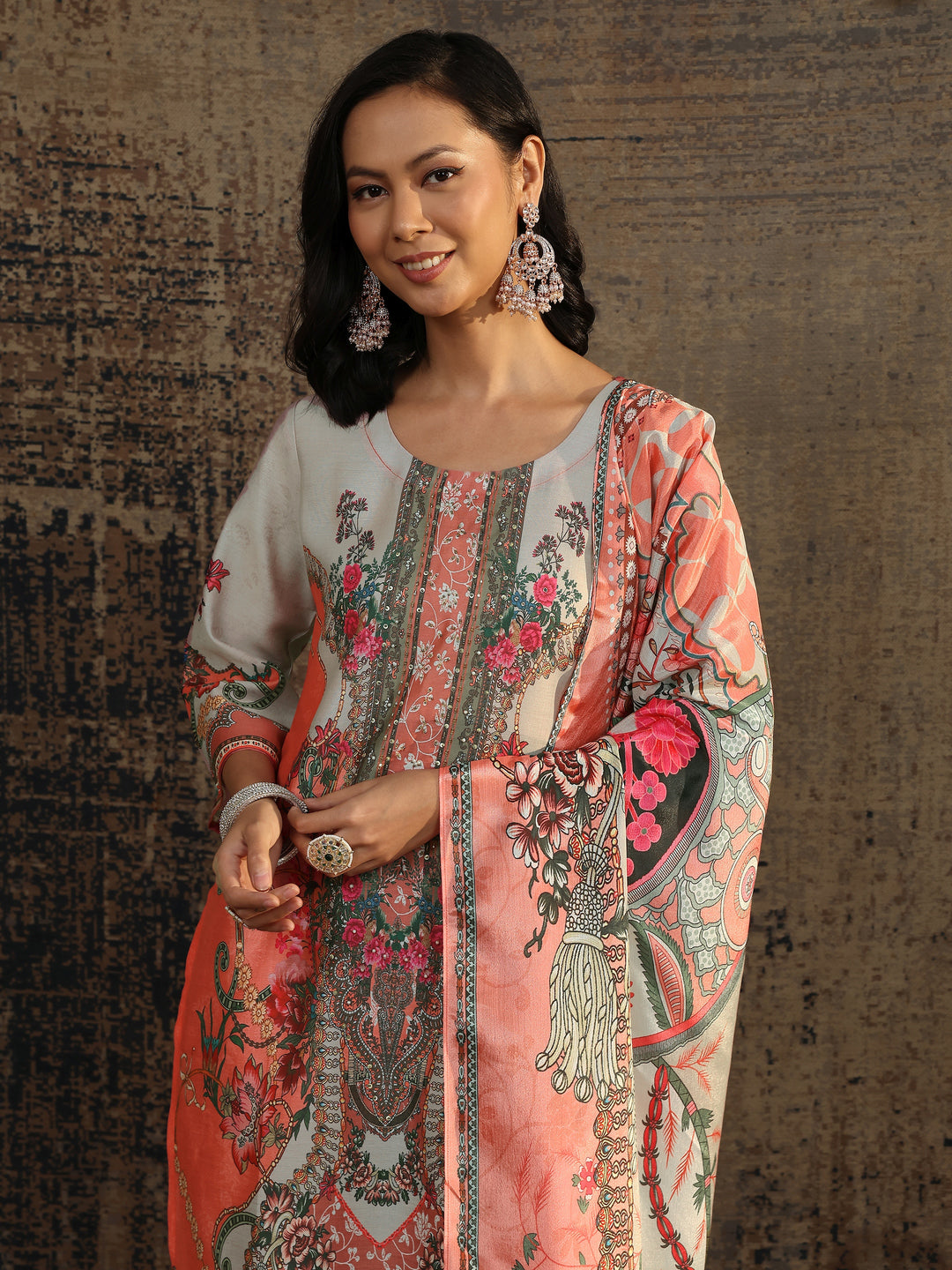  Peach Printed Silk Blend Straight Suit Set With Dupatta 