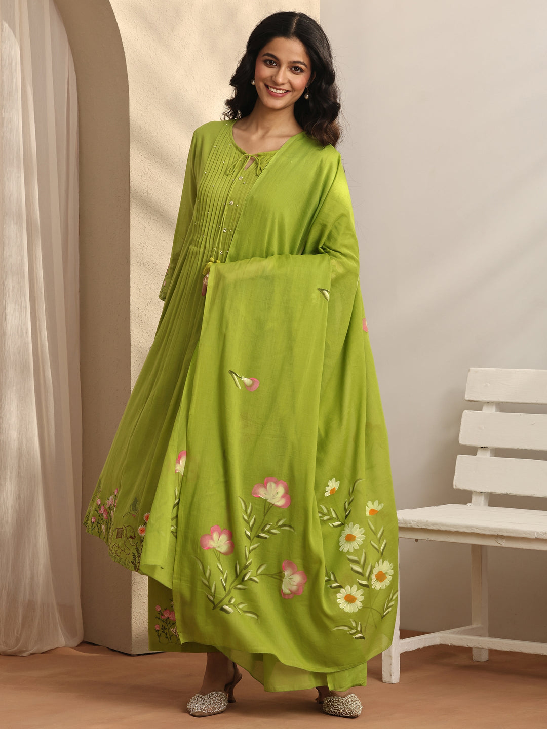  Green Embroidered Cotton Anarkali Suit Set With Dupatta 