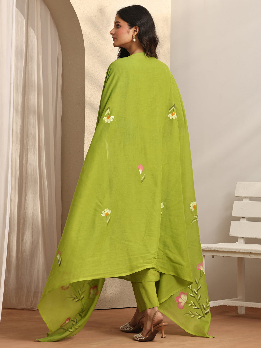  Green Embroidered Cotton Anarkali Suit Set With Dupatta 