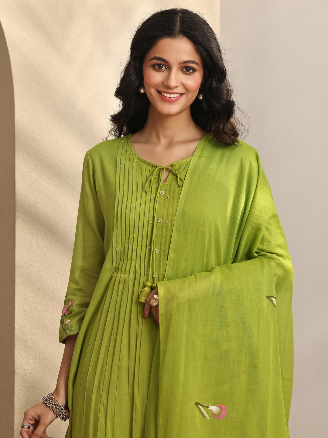  Green Embroidered Cotton Anarkali Suit Set With Dupatta 