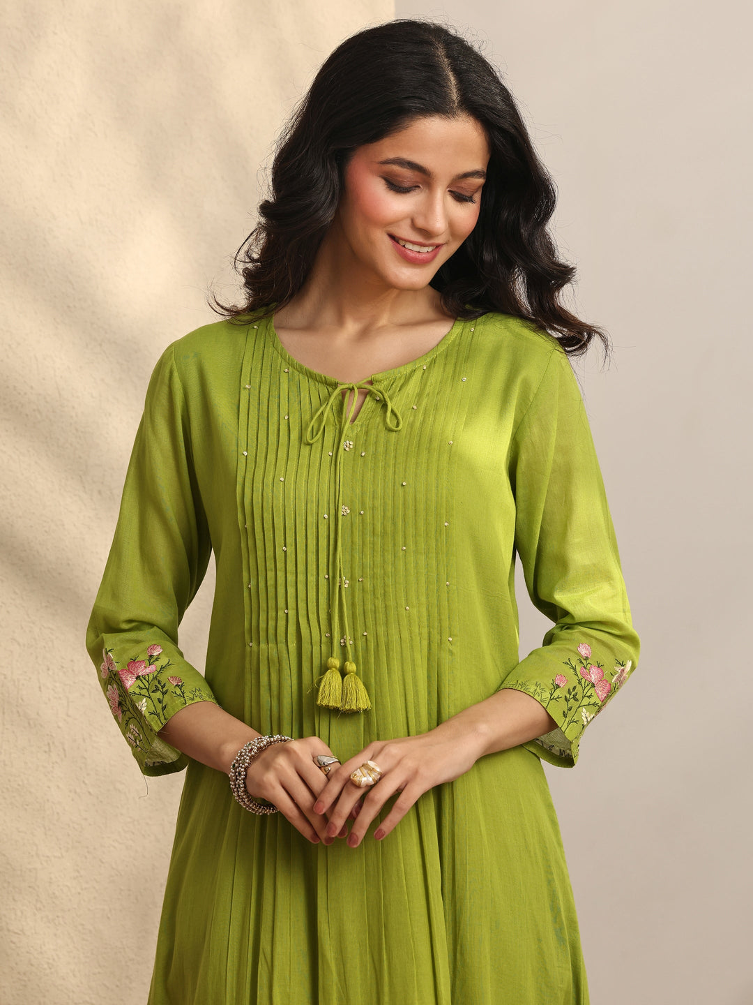 Green Embroidered Cotton Anarkali Suit Set With Dupatta 