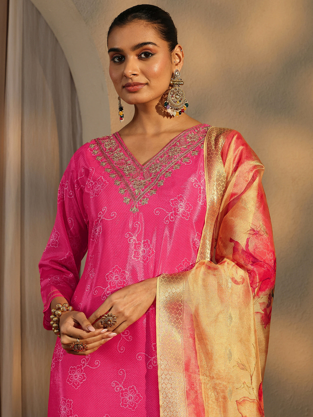  Pink Bandhani Printed Chinon Straight Suit Set With Dupatta 