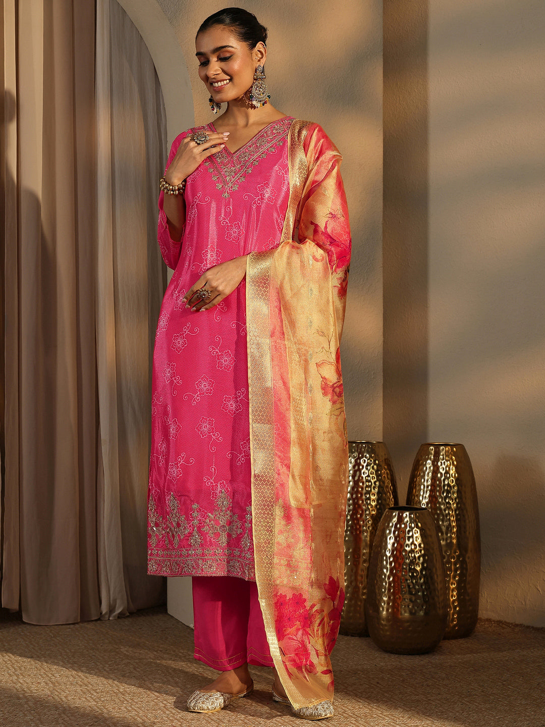 Pink Bandhani Printed Chinon Straight Suit Set With Dupatta 