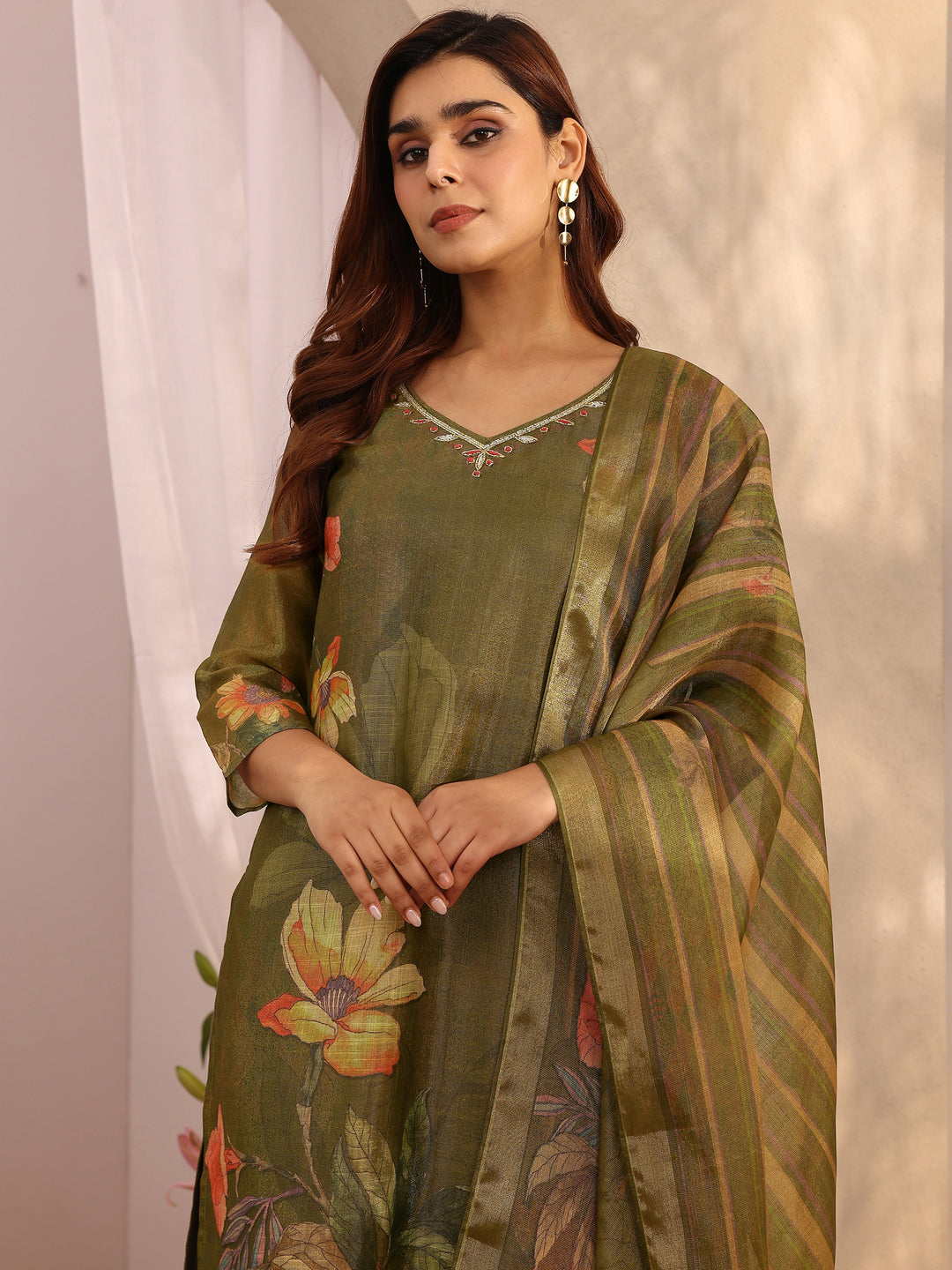  Olive Printed Silk Blend Straight Suit Set With Dupatta 