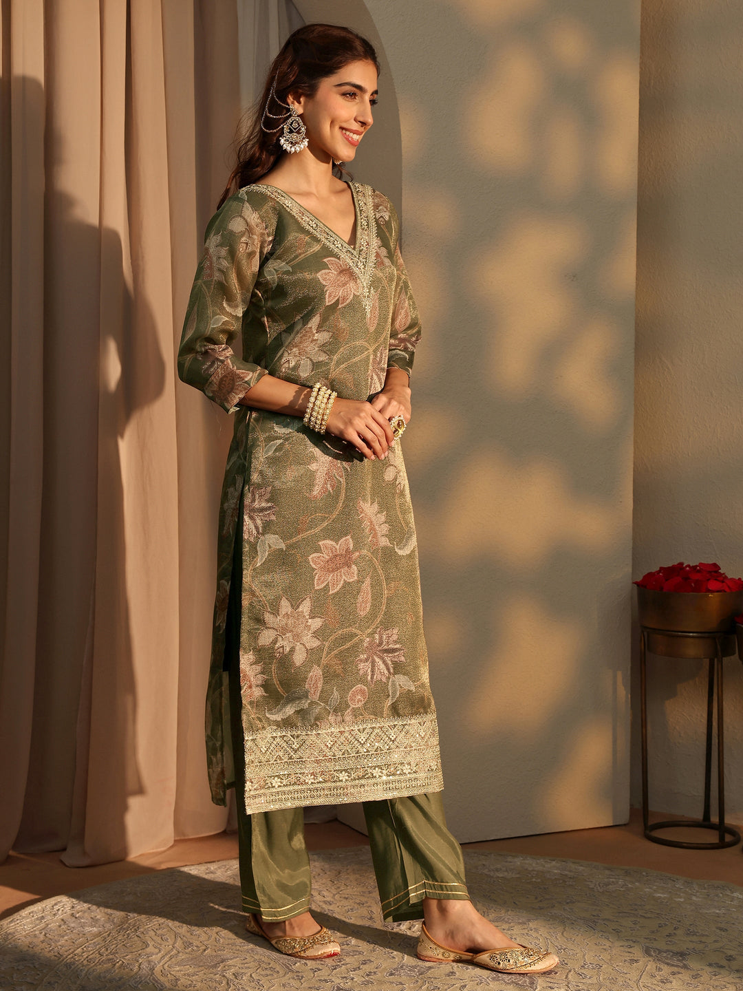  Olive Floral Printed Silk Blend Straight Suit Set With Dupatta 