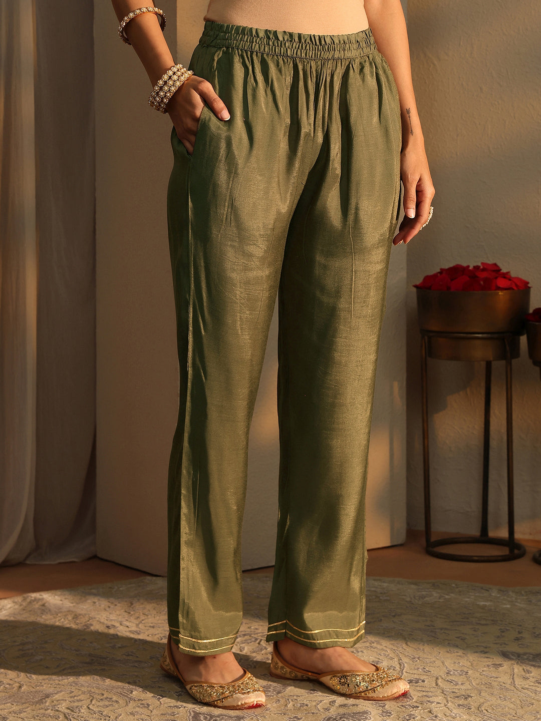  Olive Floral Printed Silk Blend Straight Suit Set With Dupatta 