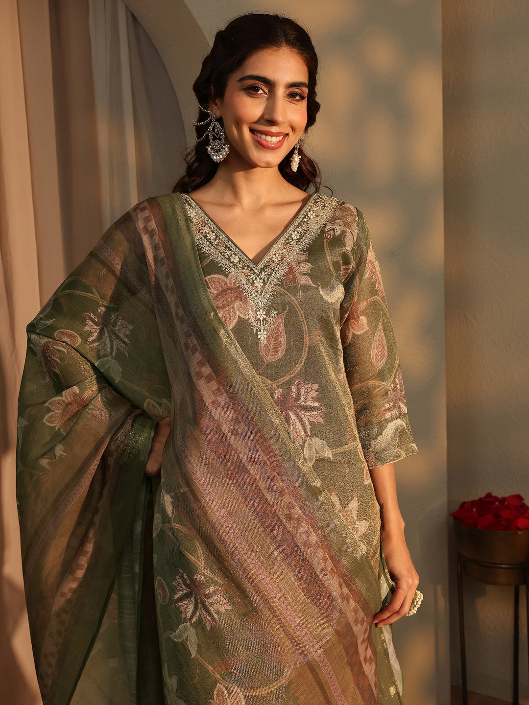  Olive Floral Printed Silk Blend Straight Suit Set With Dupatta 