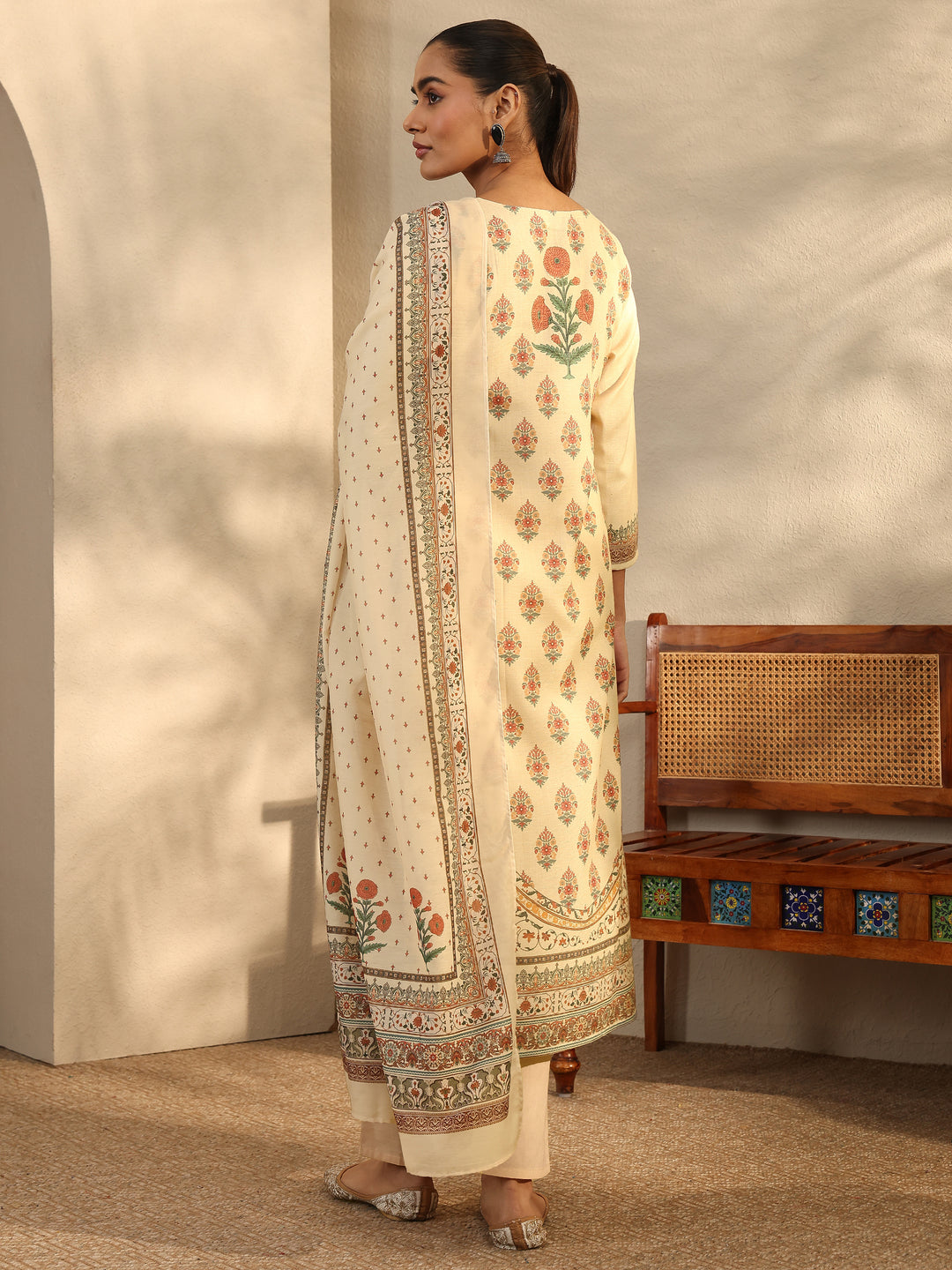  Beige Printed Cotton Blend Straight Suit Set With Dupatta 