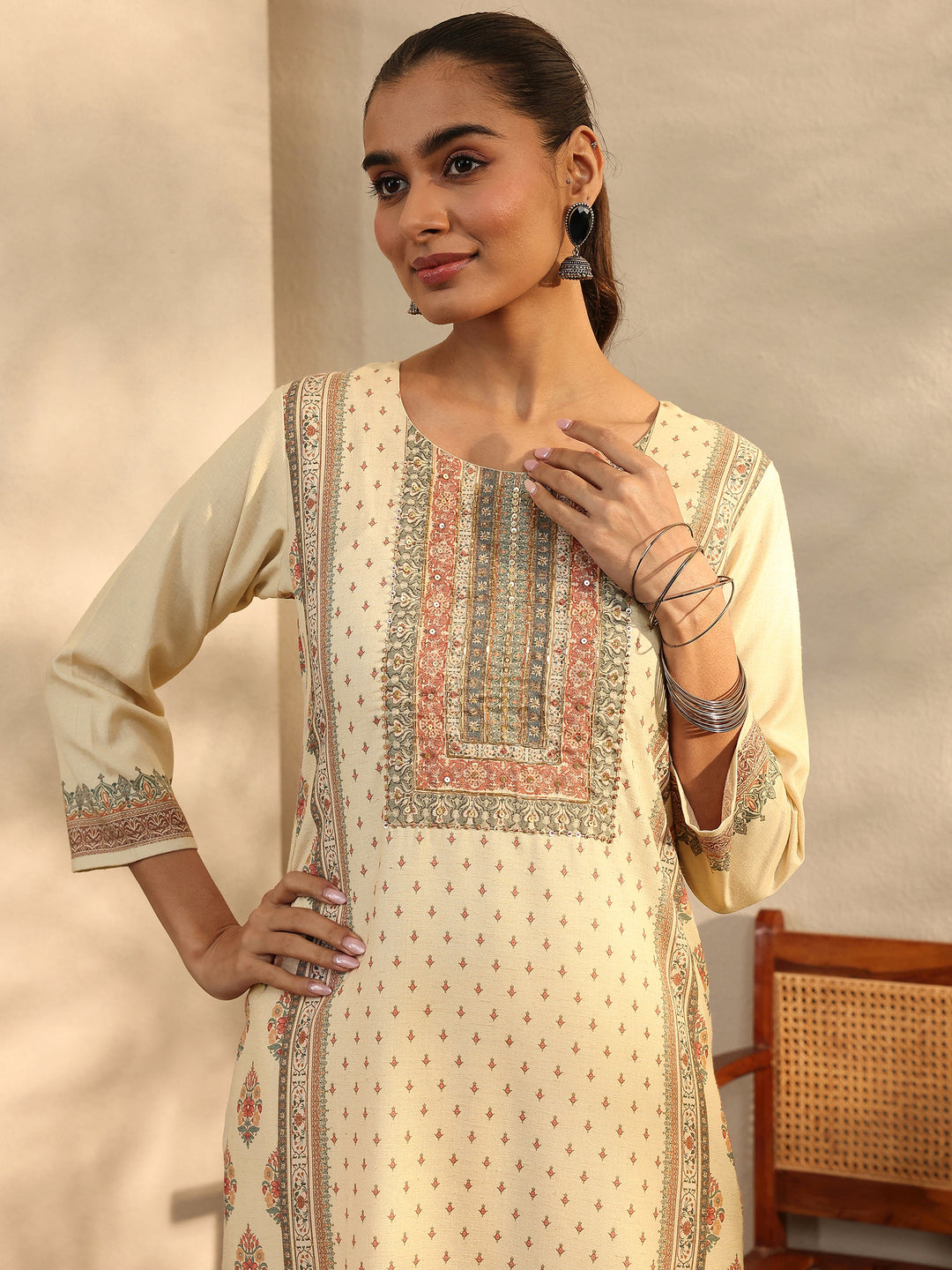  Beige Printed Cotton Blend Straight Suit Set With Dupatta 