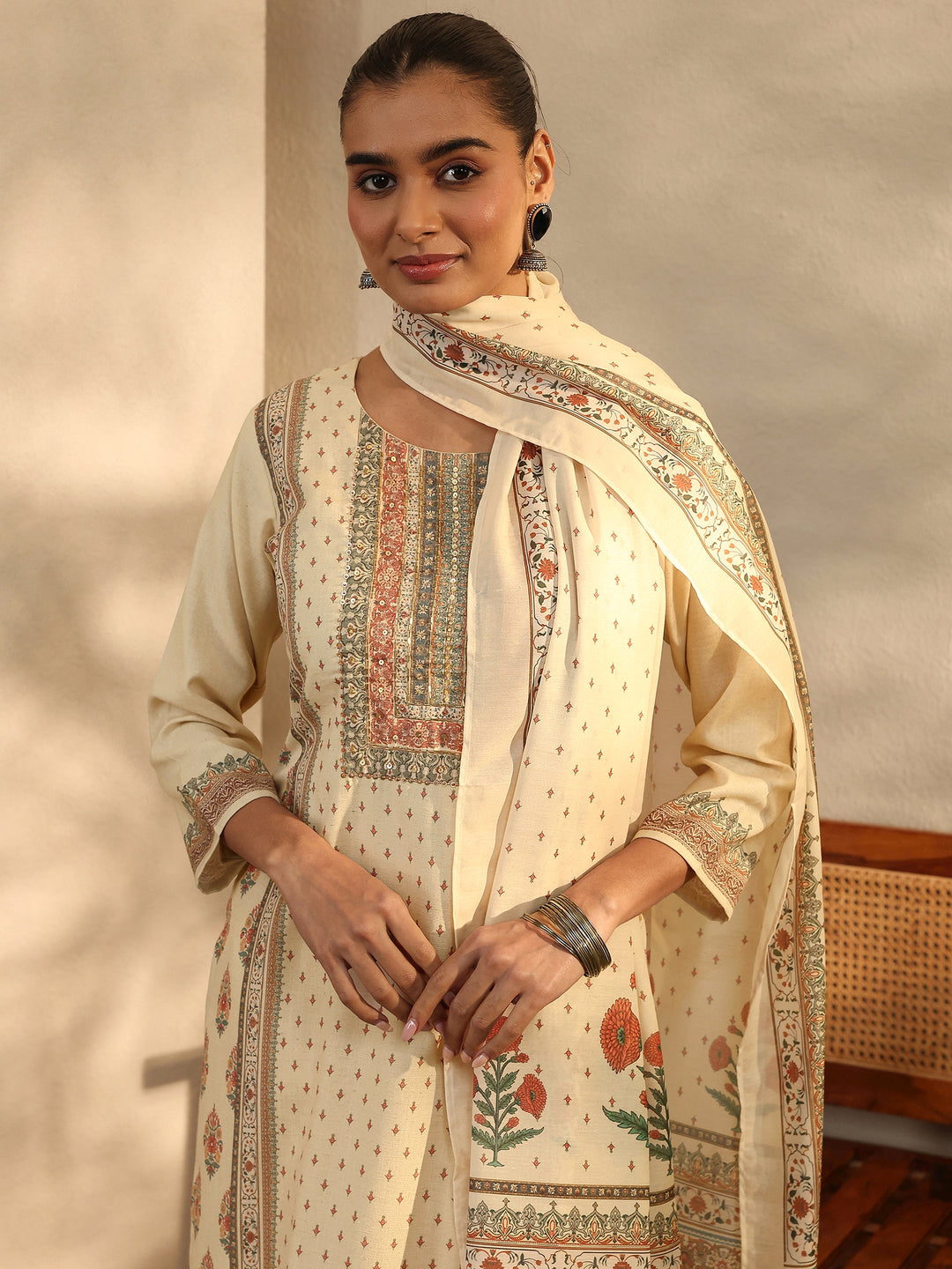  Beige Printed Cotton Blend Straight Suit Set With Dupatta 