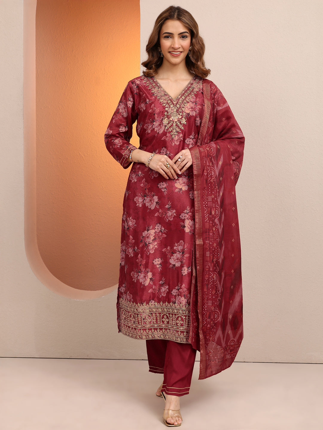  Red Printed Chinon Straight Suit Set With Dupatta 