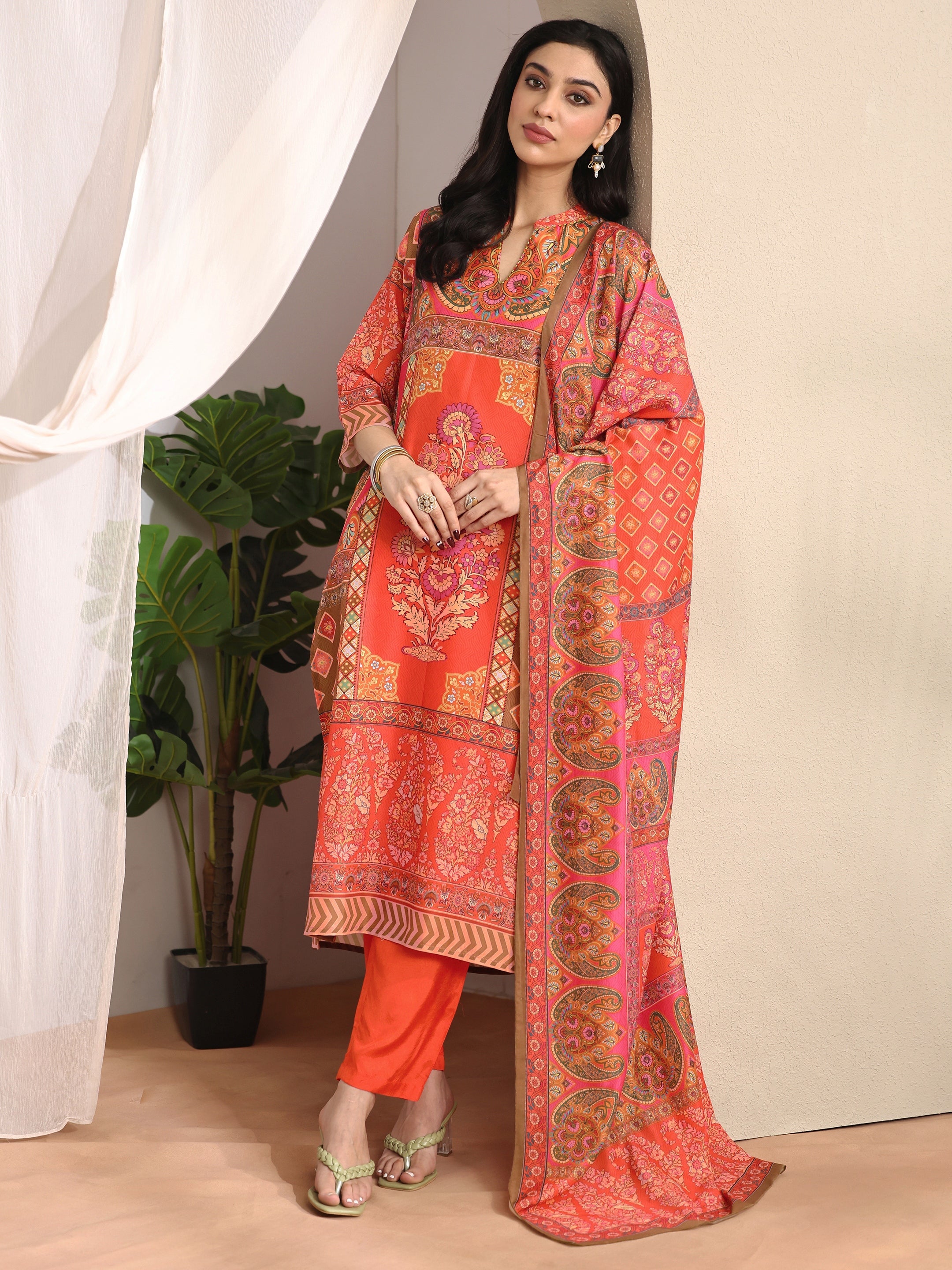 libas Orange Printed Muslin Straight Suit Set With Dupatta-picture-35