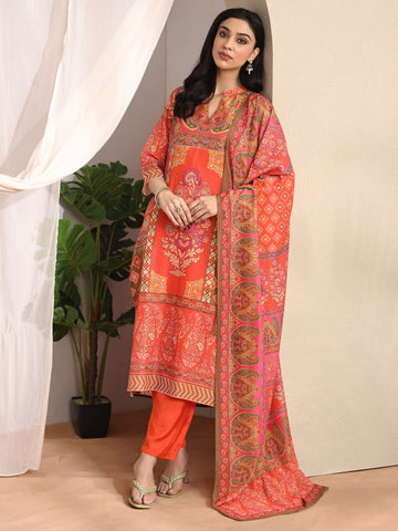 Orange Printed Muslin Straight Suit Set With Dupatta