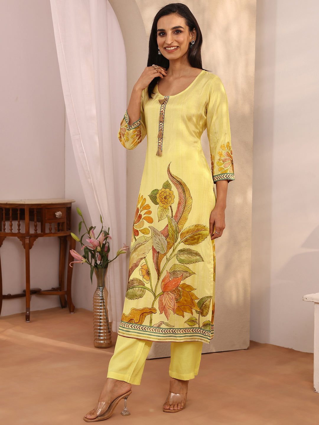  Yellow Printed Muslin Straight Suit Set With Dupatta 
