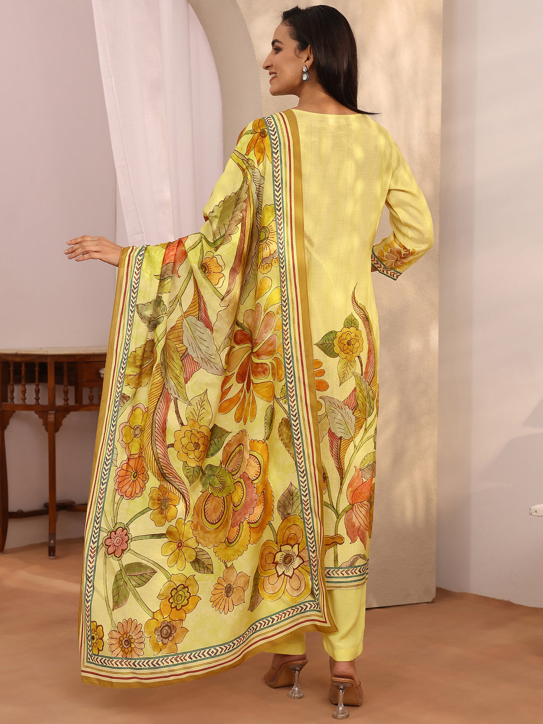  Yellow Printed Muslin Straight Suit Set With Dupatta 