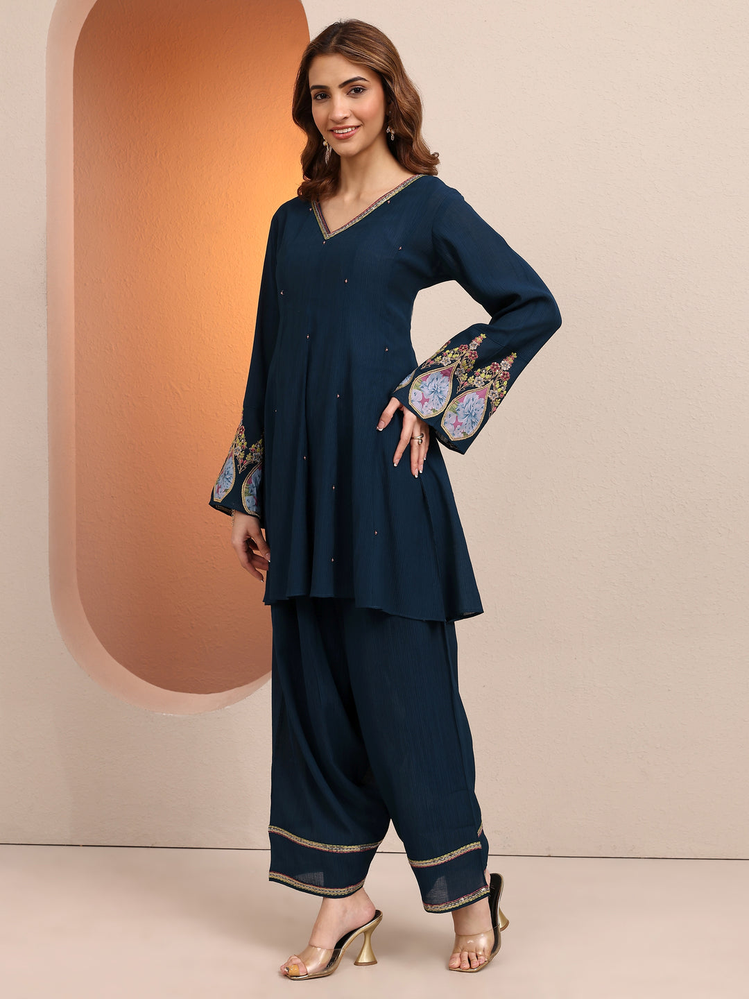  Navy Blue Embellished cotton blend A-line Suit Set With Dupatta 