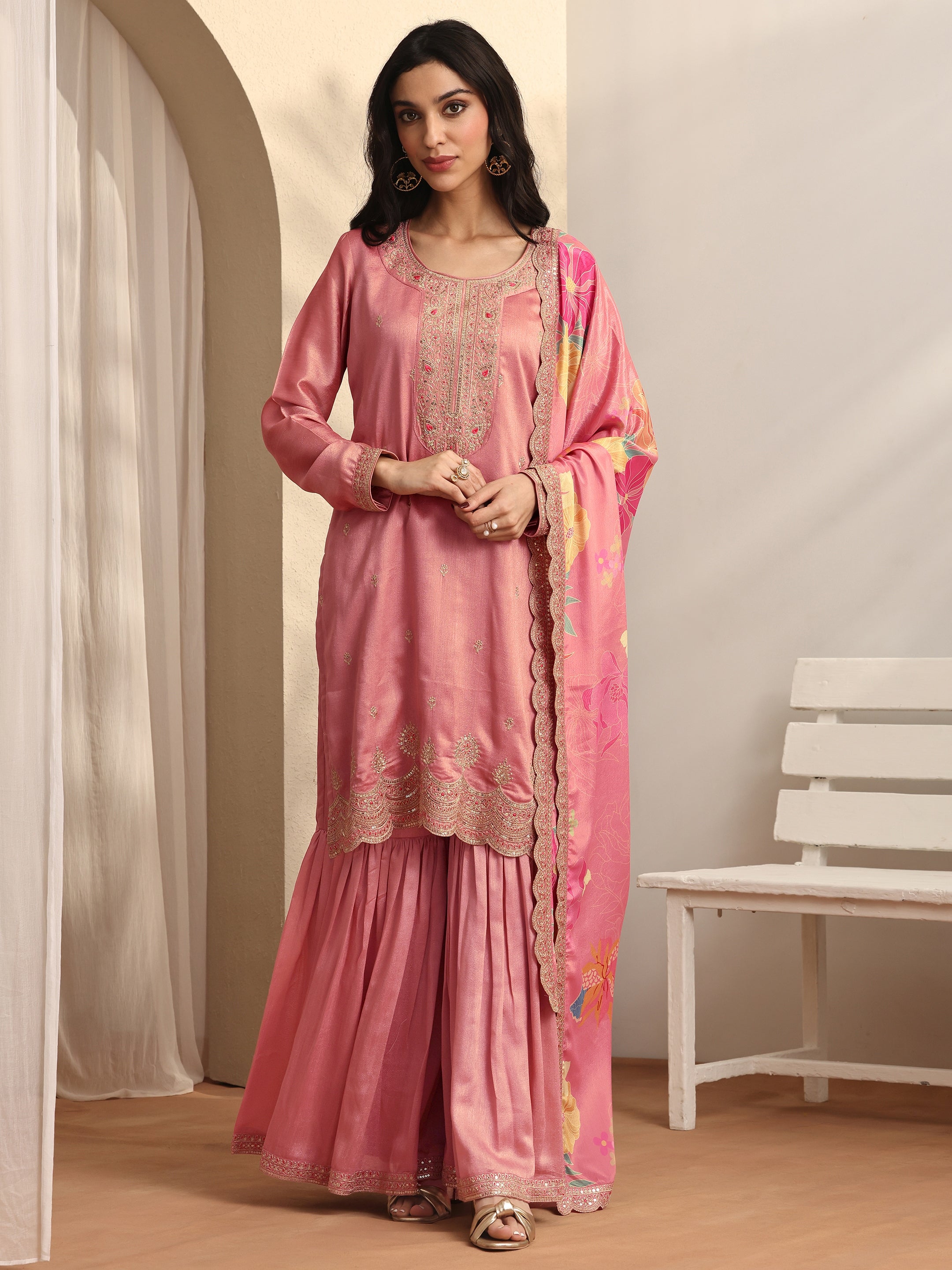libas Pink Embroidered Silk blend Straight Suit Set With Dupatta-picture-45