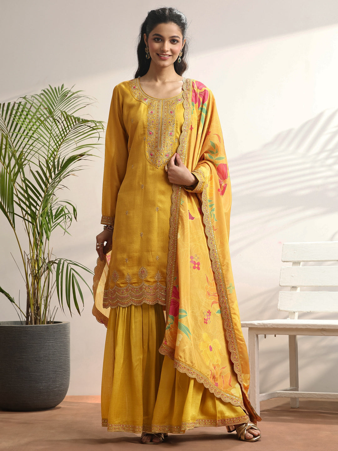  Mustard Embroidered Silk blend Straight Suit Set With Dupatta 