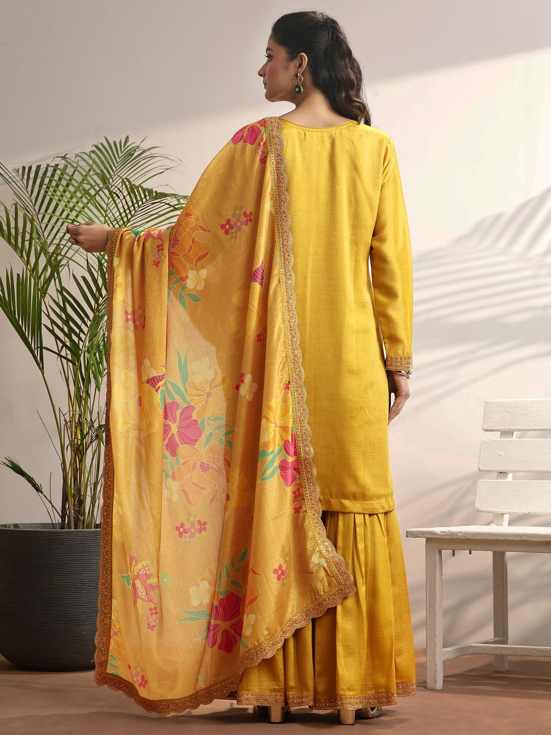  Mustard Embroidered Silk blend Straight Suit Set With Dupatta 