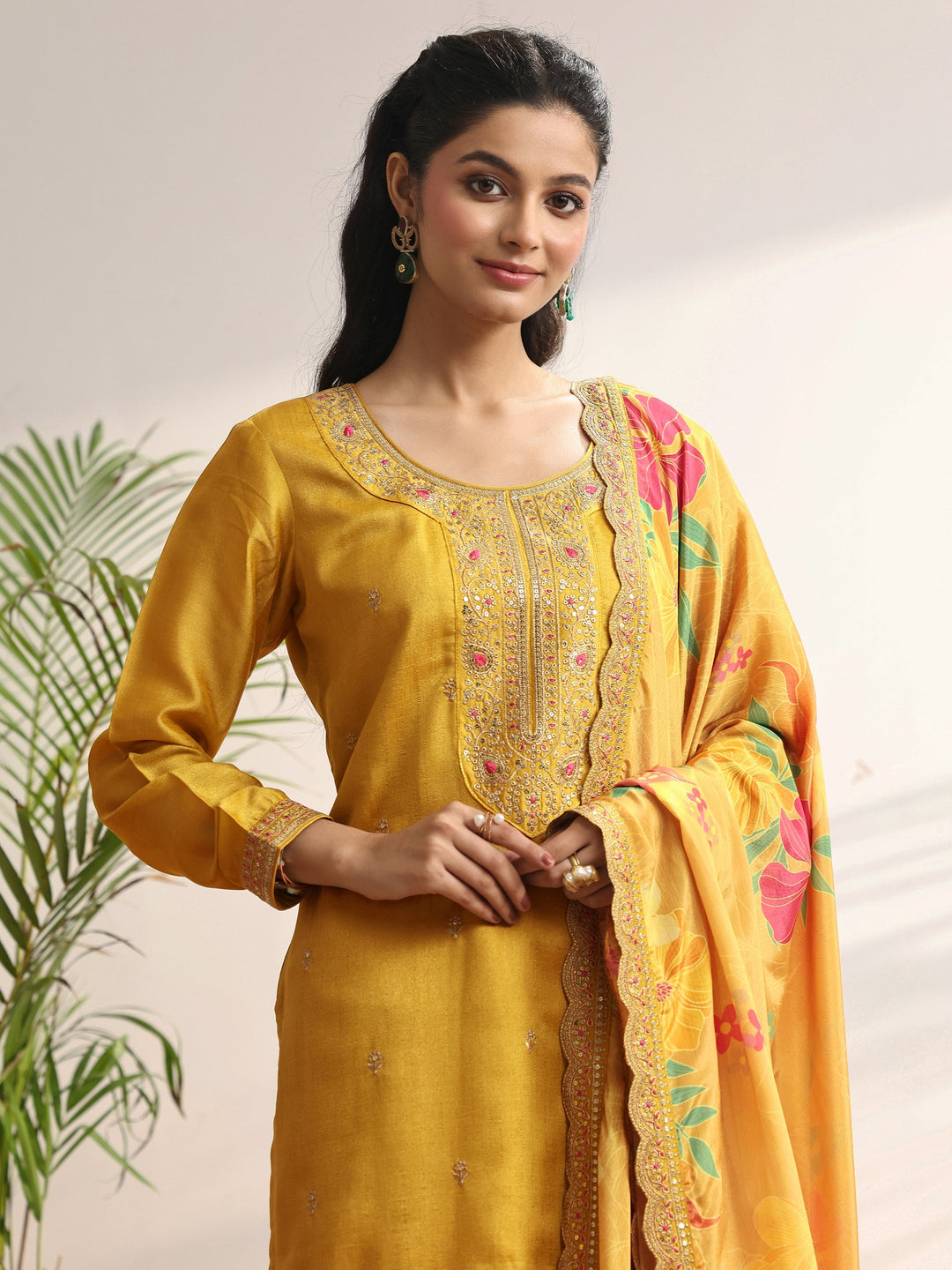  Mustard Embroidered Silk blend Straight Suit Set With Dupatta 