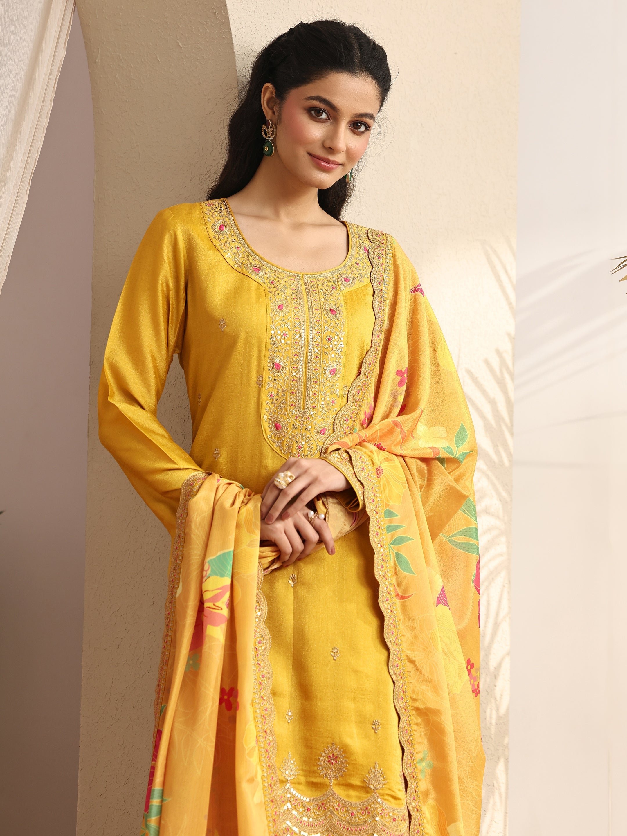 libas Mustard Embroidered Silk blend Straight Suit Set With Dupatta-picture-68