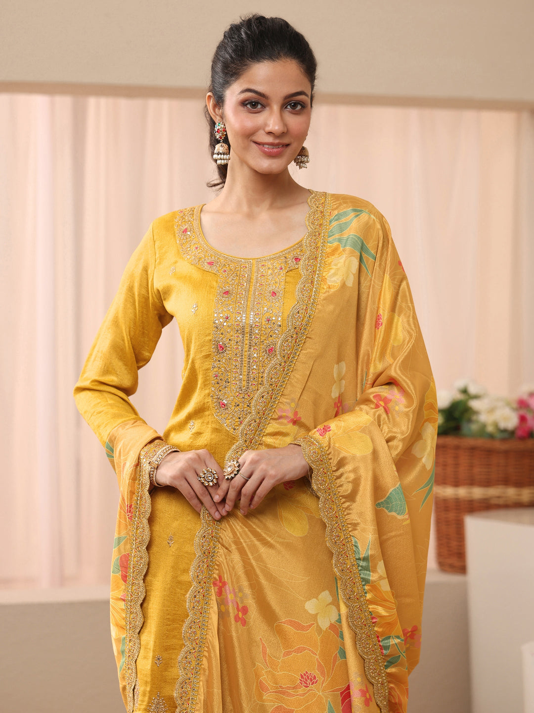 Mustard Ethnic Embroidered Silk Blend Sharara Suit Set 