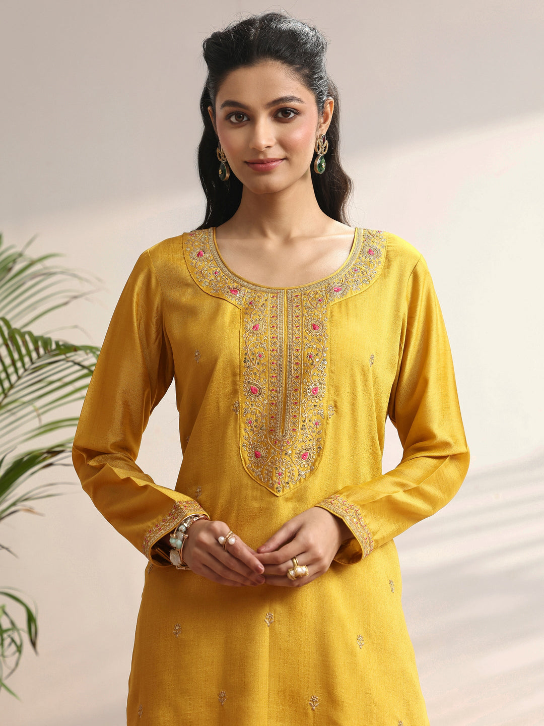 Mustard Embroidered Silk blend Straight Suit Set With Dupatta 