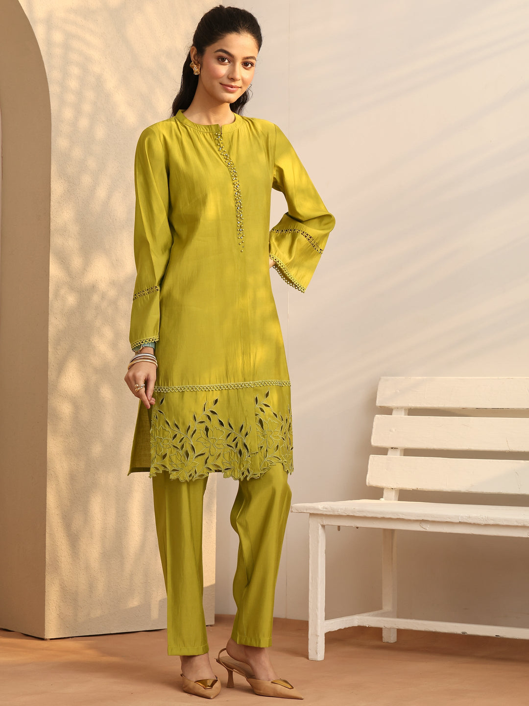  Lime Green Embellished Silk Blend Co-Ord Sets 