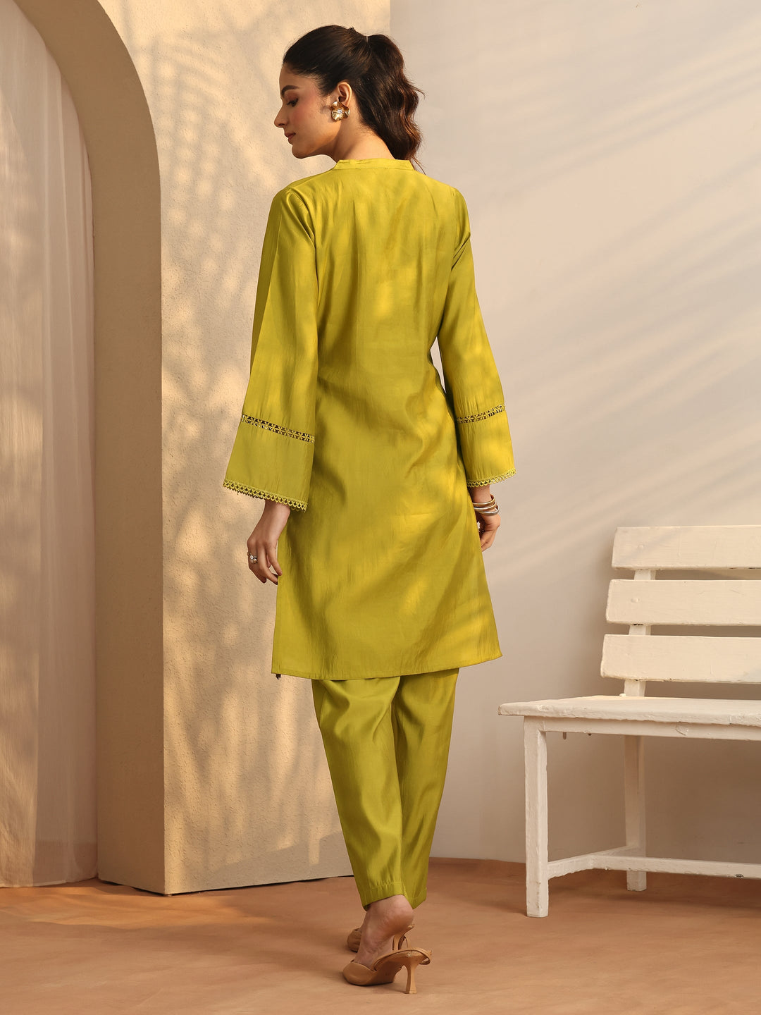  Lime Green Embellished Silk Blend Co-Ord Sets 