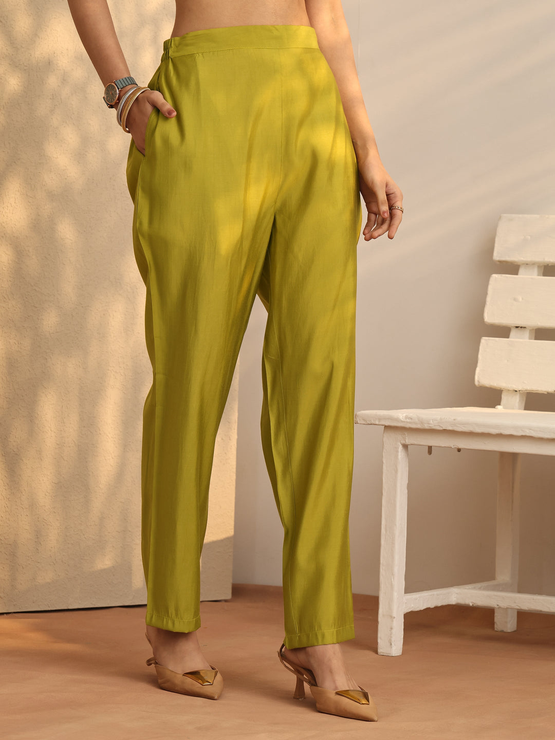  Lime Green Embellished Silk Blend Co-Ord Sets 