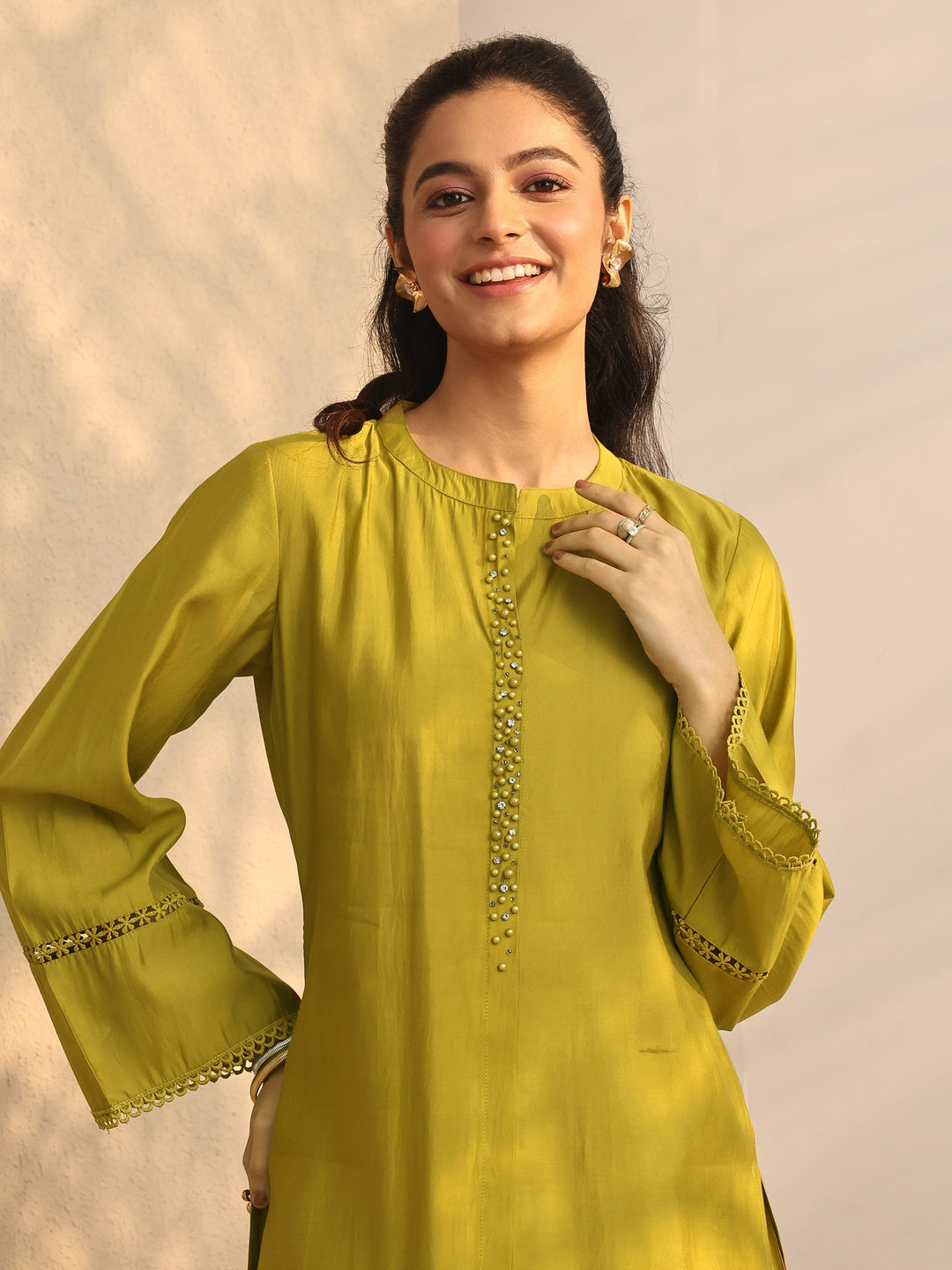  Lime Green Embellished Silk Blend Co-Ord Sets 