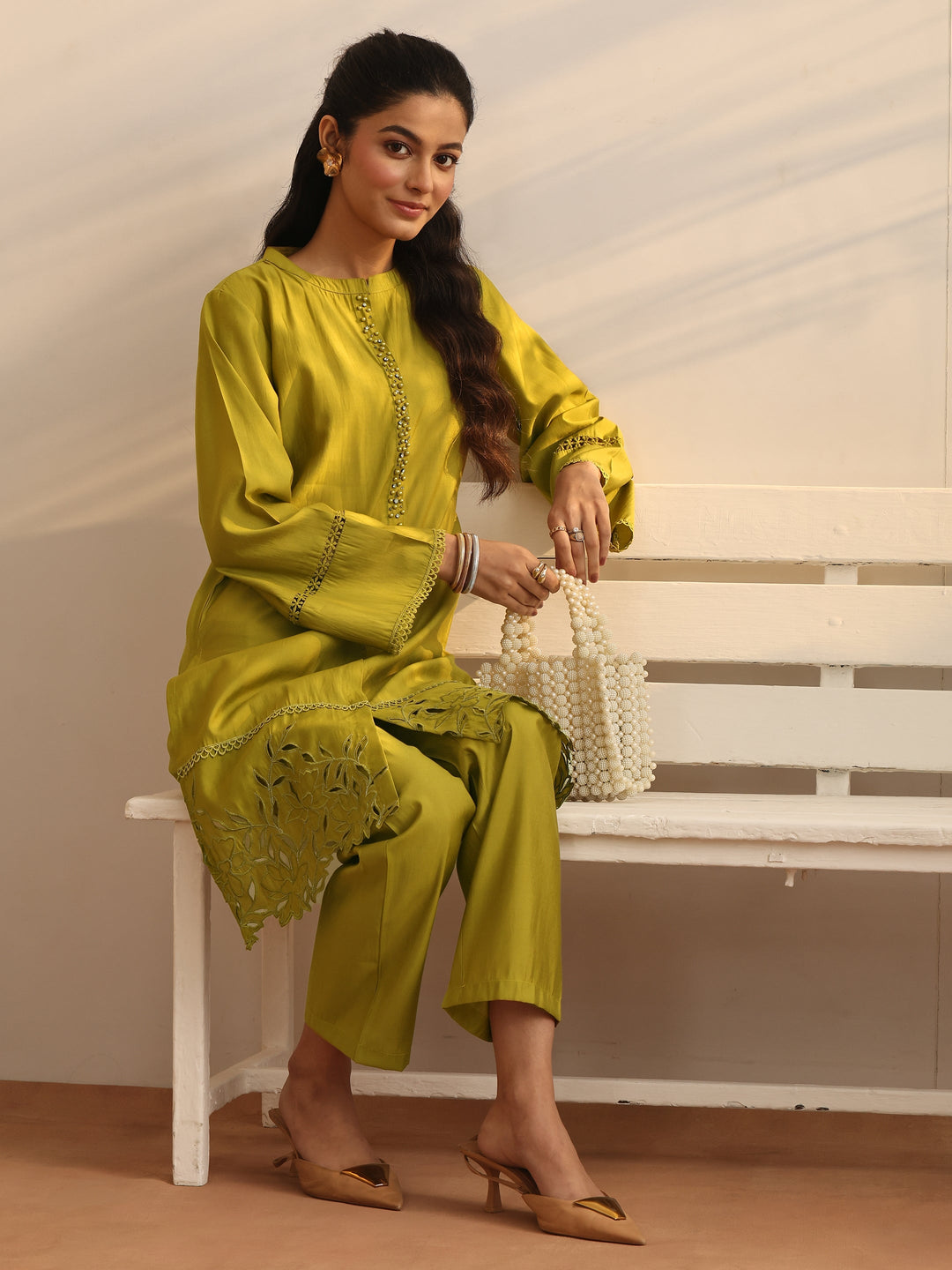  Lime Green Embellished Silk Blend Co-Ord Sets 