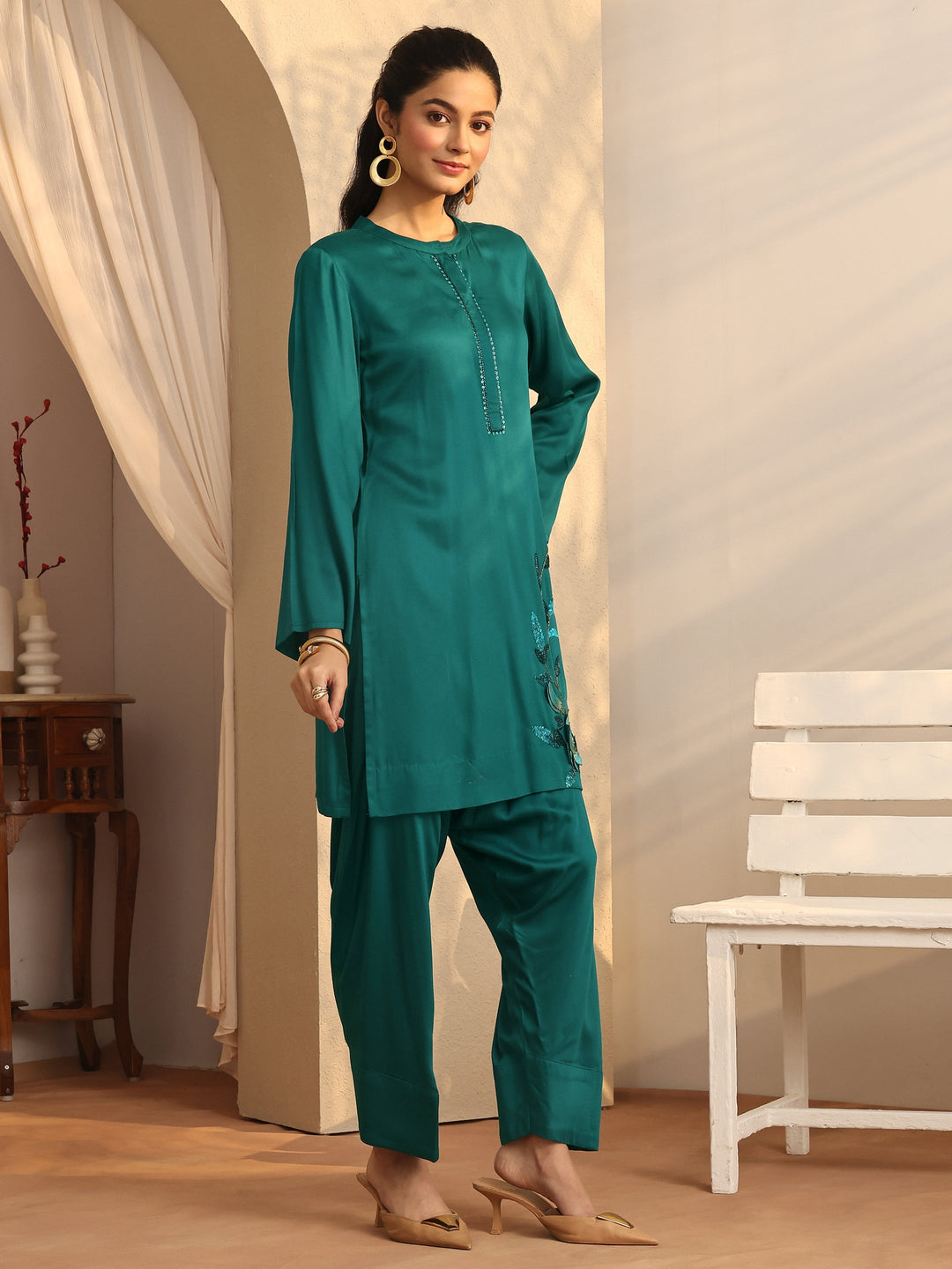  Teal Embroidered Silk Blend Co-Ord Sets 
