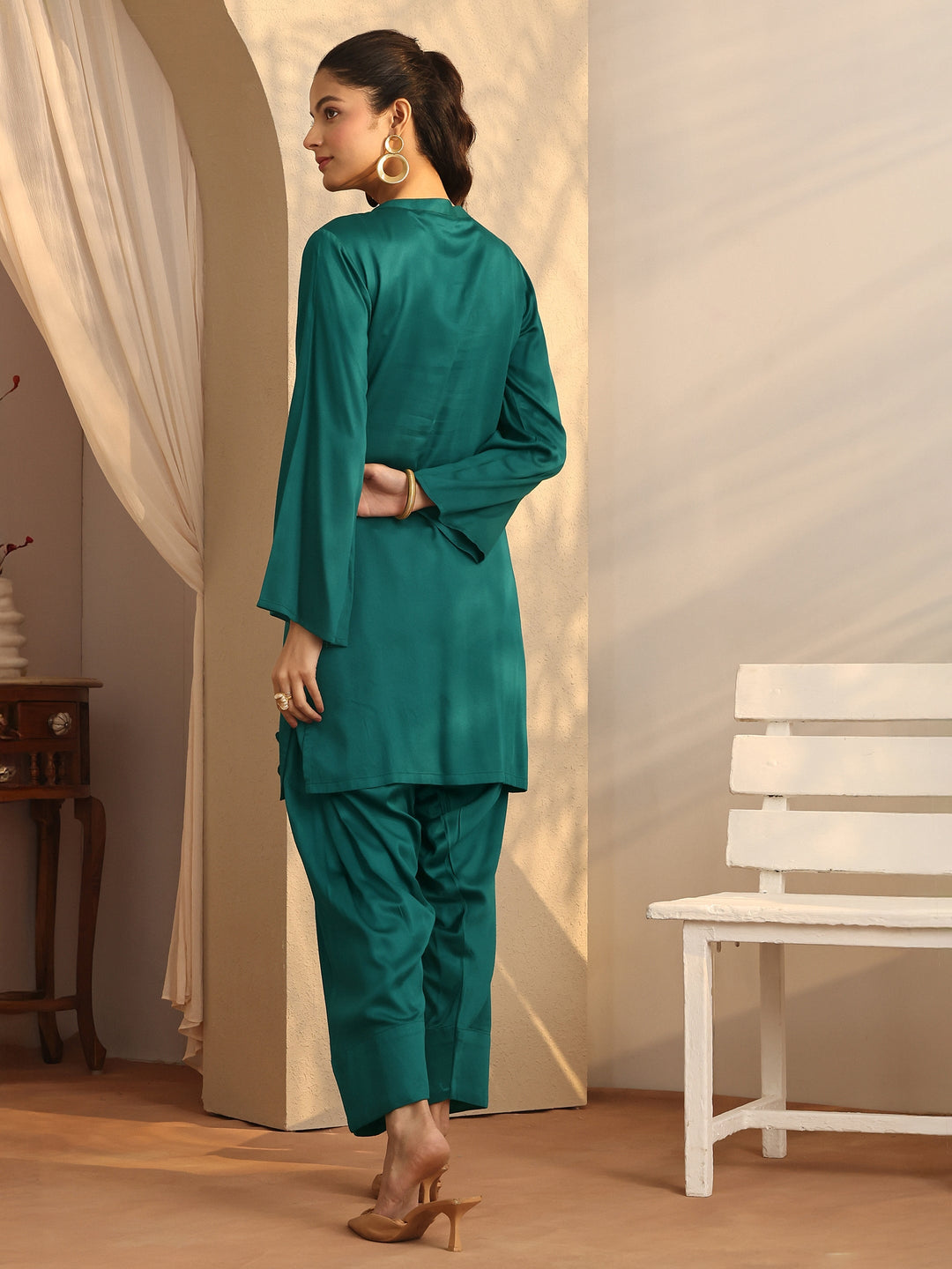  Teal Embroidered Silk Blend Co-Ord Sets 