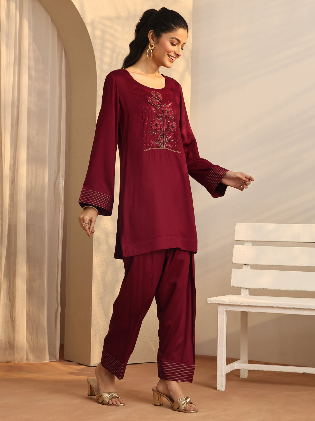  Maroon Embroidered Silk Blend Co-Ord Sets 