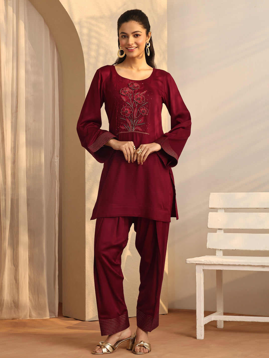  Maroon Embroidered Silk Blend Co-Ord Sets 