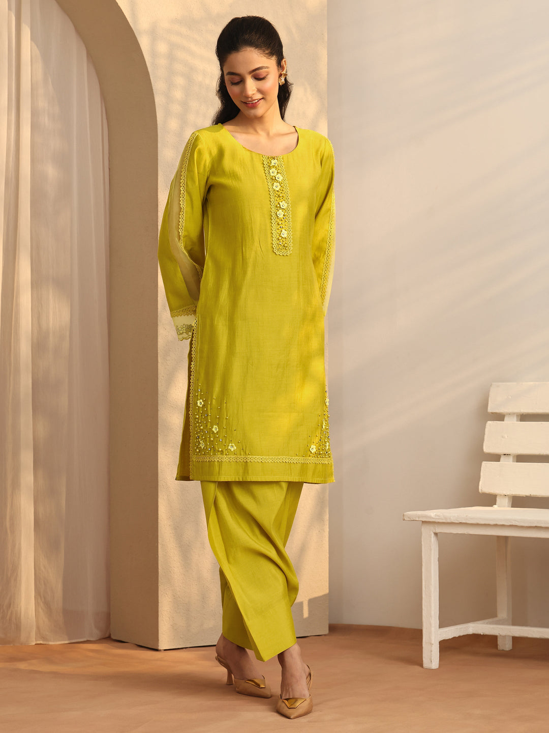  Green Embroidered Silk Blend Co-Ord Sets 