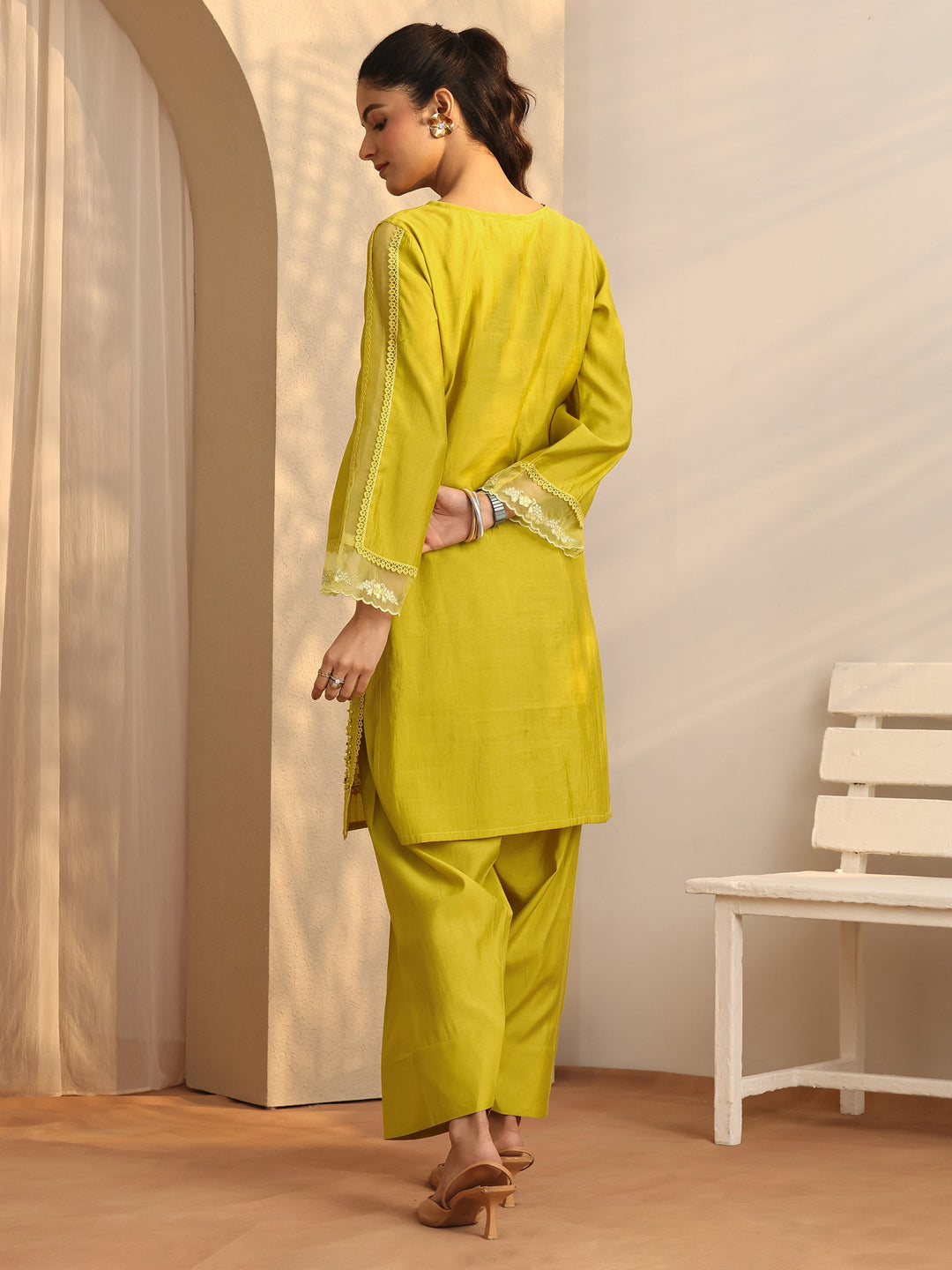  Green Embroidered Silk Blend Co-Ord Sets 