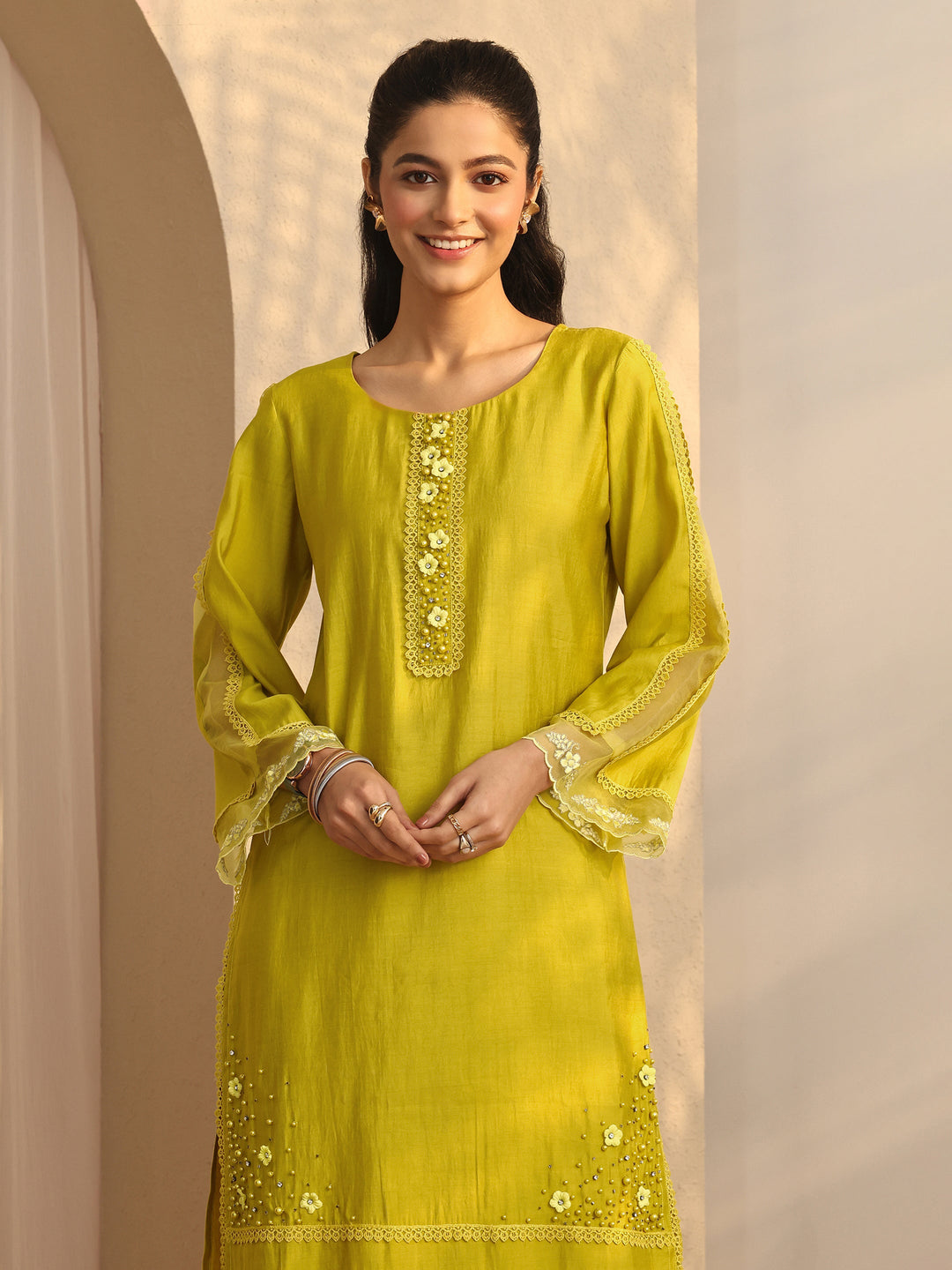  Green Embroidered Silk Blend Co-Ord Sets 